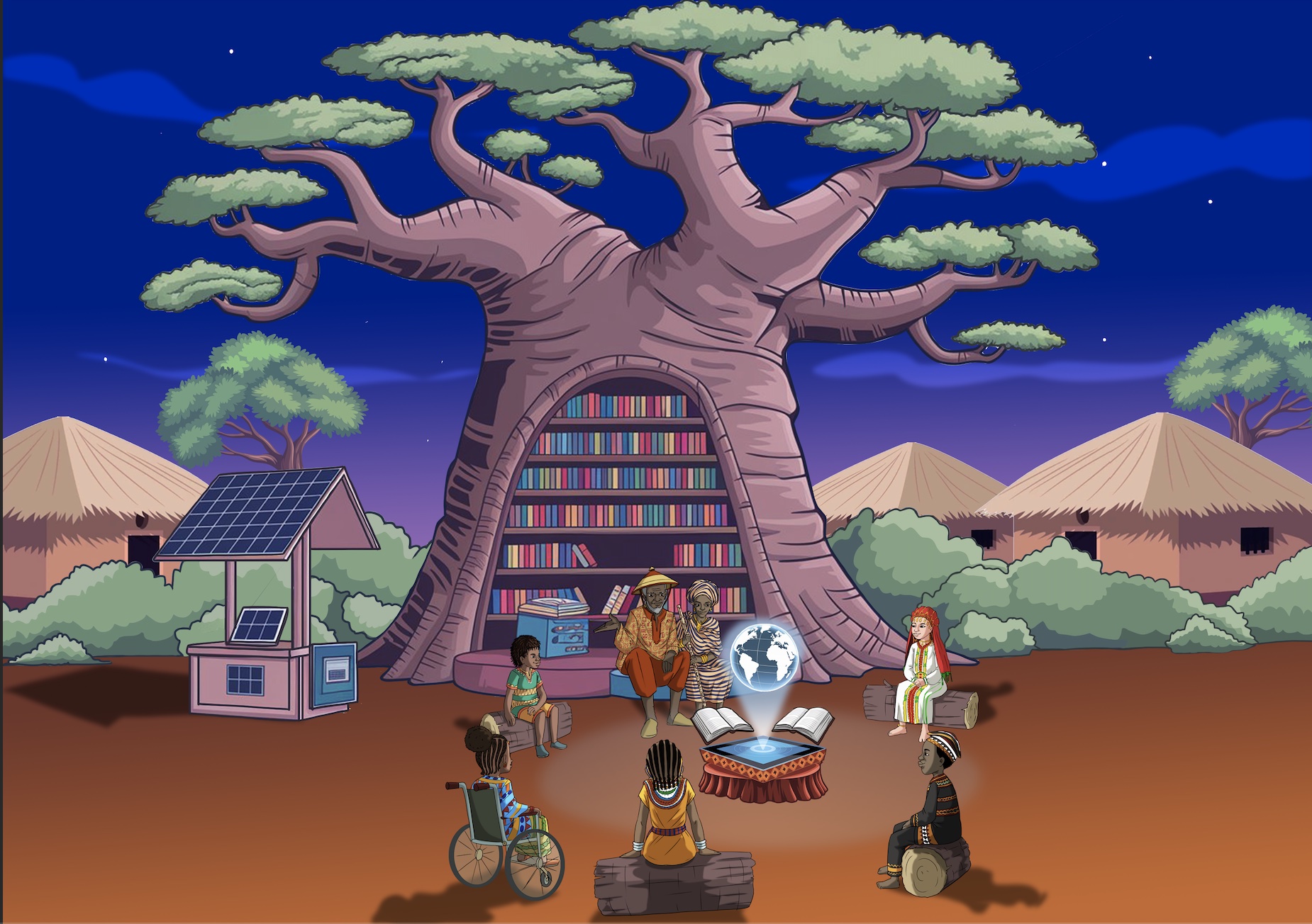 African sunset with baobab tree